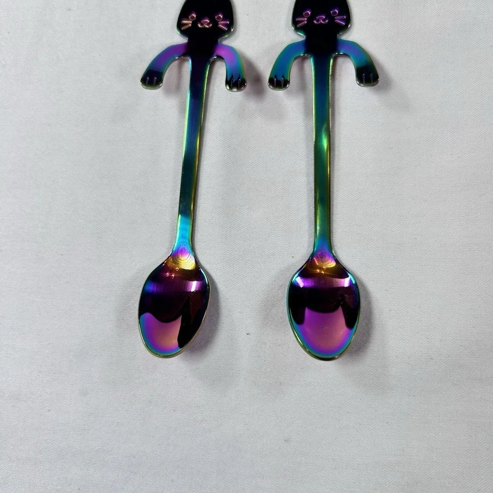 Stainless Steel Coffee Spoon Purple Blue Lovely Cute Cat Shape Teaspoon Dessert
